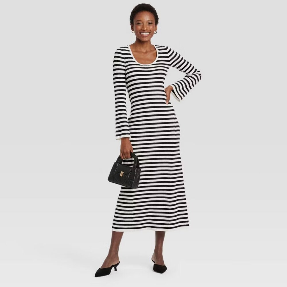 Women's Long Sleeve Maxi Sweater Dress - A New Day Black White Stripes XS